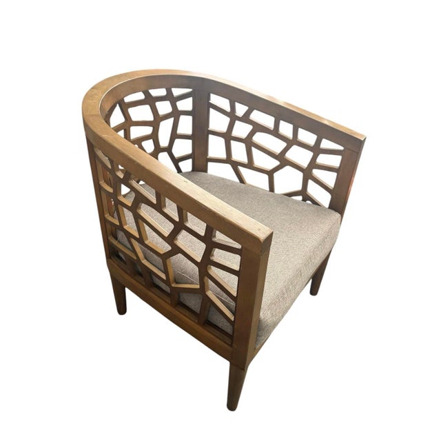 Mid-Century Modern Organic Lattice Teak Barrel Chair With Linen Cushion For Sale - Image 4 of 12