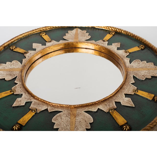 Vintage Spanish Sunburst Wall Mirror – Emerald Green & Gold Leaf For Sale - Image 6 of 11