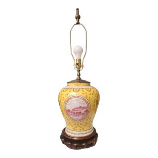 Vintage Chinoiserie Yellow, Red and Gold Porcelain Ginger Jar Lamp For Sale