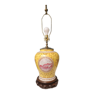 Vintage Chinoiserie Yellow, Red and Gold Porcelain Ginger Jar Lamp
