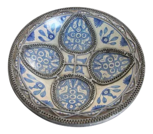 Moroccan Ceramic Blue Bowl Adorned With Silver Filigree From Fez Antique 1920s