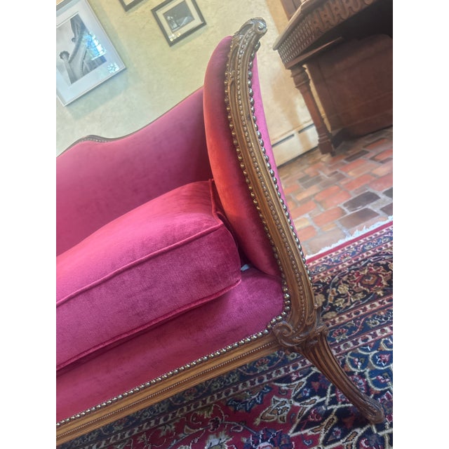 Wood Vintage Red Velvet Sofa For Sale - Image 7 of 18