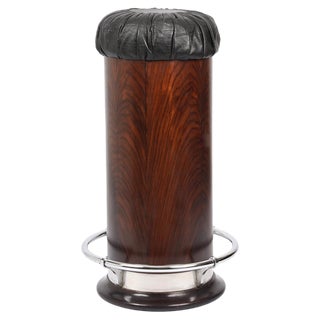 Mid-Century Modern Black Leather, Wood & Chromed Metal Bar Stool, 1930s For Sale
