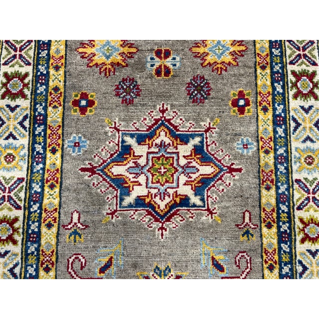 Extra-Long Olive Gold Kazak-Style Wool Runner Rug With Geometric Medallions, 2'7" X 14'8" For Sale - Image 9 of 18
