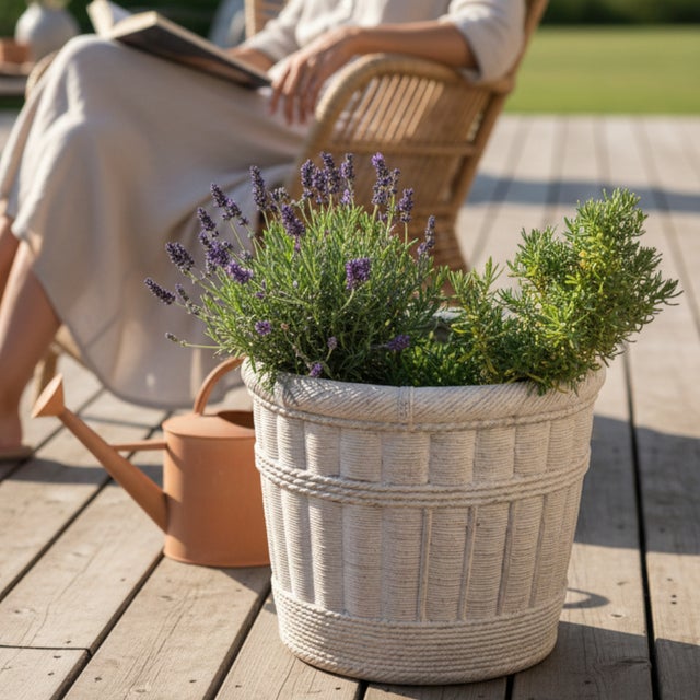 Light Gray Large Pale Gray Cement Planter in the Shape of a Double Handled Wicker Gathering Basket For Sale - Image 8 of 12
