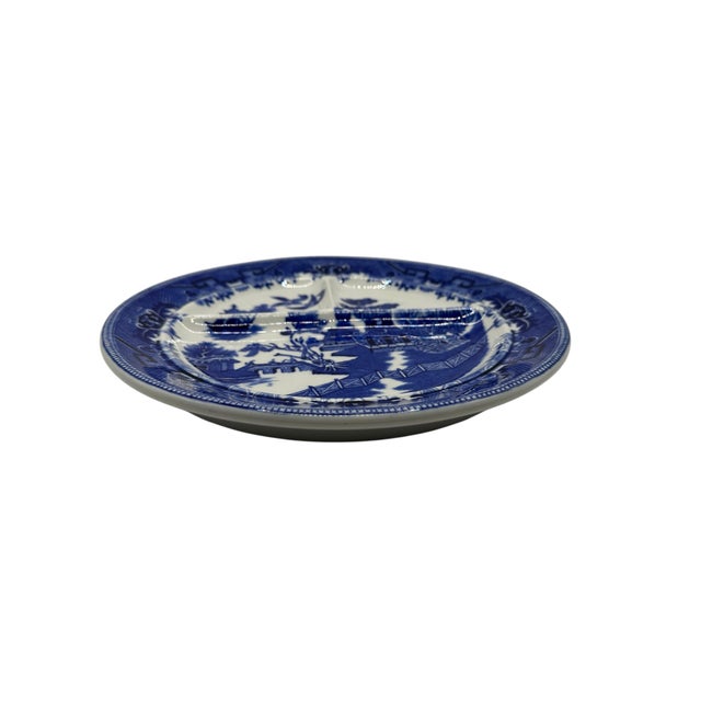 Blue Vintage Shenago Blue Willow China Divided Ceramic Plate For Sale - Image 8 of 12
