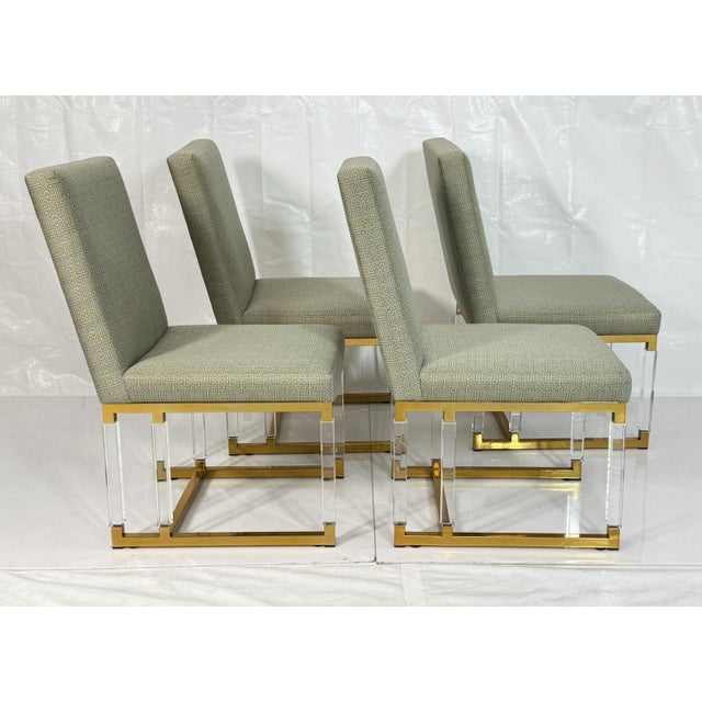 Metal Set of 4 1980s igned Charles Hollis Jones Lucite & Brass Dining Chairs, Metric Line For Sale - Image 7 of 18