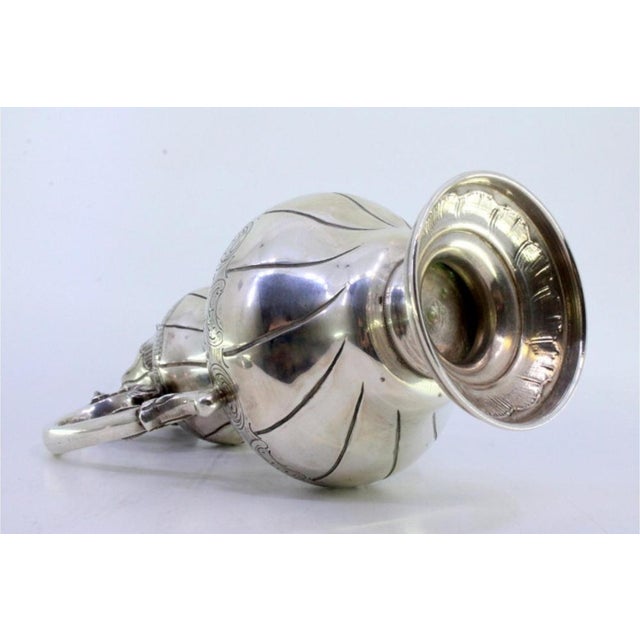Silver-Plated Wine Jug with Engravings, Reliefs Handle and Knob Hinged Lid For Sale - Image 3 of 10