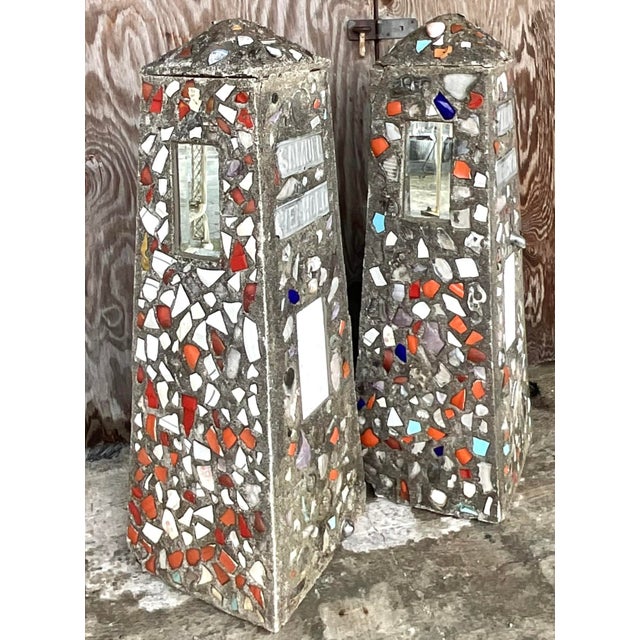 Ceramic Vintage Coastal Cement Mosaic Garden Obelisks - a Pair For Sale - Image 7 of 8