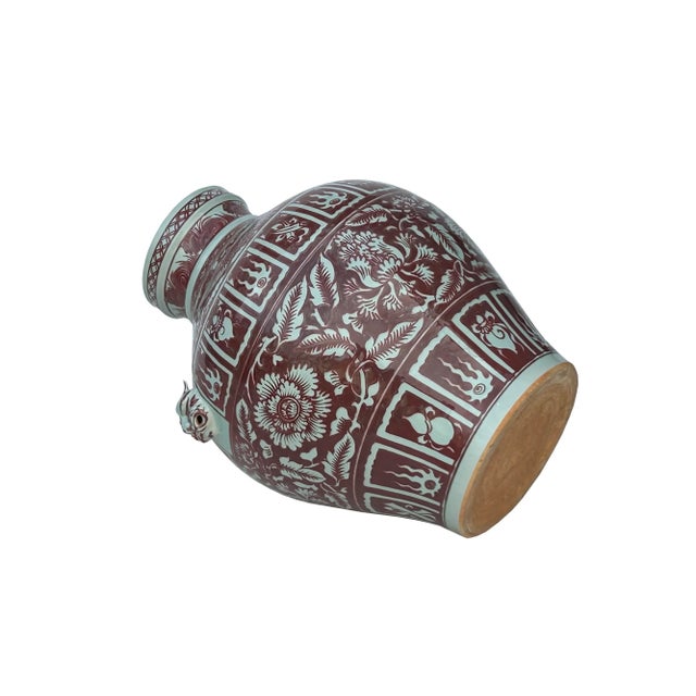 Ceramic Vintage Copper Red Phoenix Flower Graphic Foo Dog Ear Ceramic Fat Pot Vase For Sale - Image 7 of 11