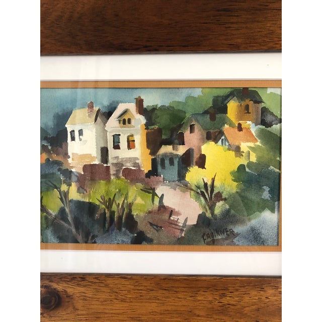 Green Original 1970s Abstract Village Watercolor by Anne Faulkner, Signed & Framed For Sale - Image 8 of 12