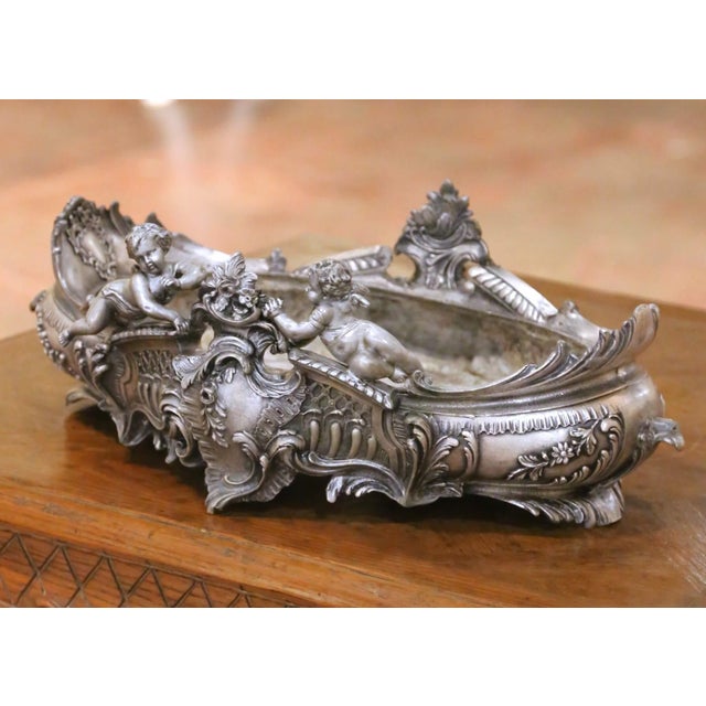 19th Century French Louis XV Rococo Silvered Oval Table Jardinière With Cherubs For Sale - Image 4 of 10