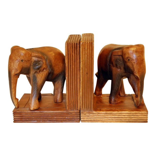 Vintage Carved Wood Elephant Bookends A Pair Chairish