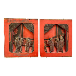 Pair Carved Wooden Chinese Courtyard Plaques