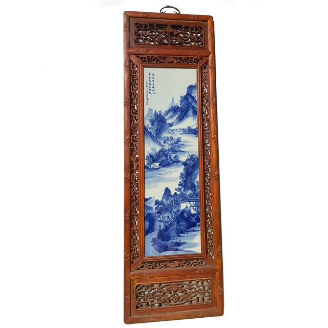 Chinese Vintage Lg Chinese Blue and White Porcelain Wood Panel 49" H For Sale - Image 3 of 7