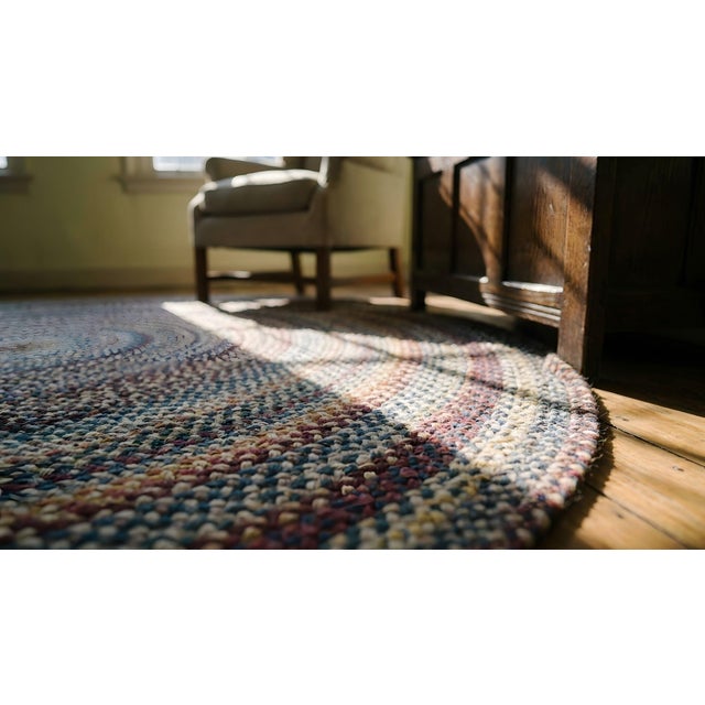 Cute Multi Color Background Wtih Folk Art Styles Round Antique American Braided Rug For Sale - Image 14 of 15
