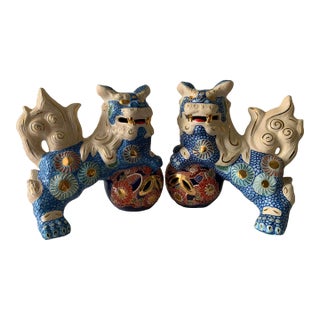 Vintage Japanese Blue Porcelain Foo Dogs - a Pair For Sale