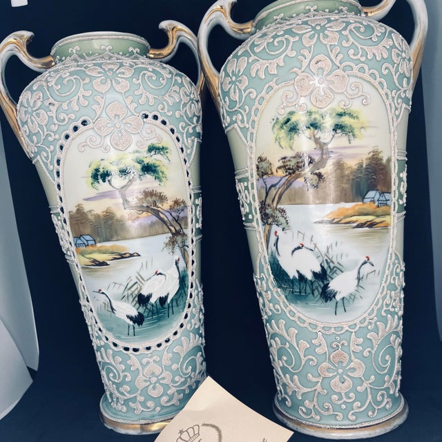 Antique Nippon Hand Painted Moriage Scenic Crane Vase Pair – 13” – Japan For Sale - Image 10 of 12