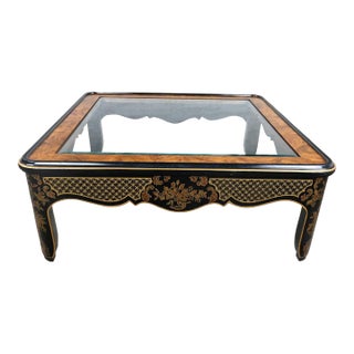 1980's Drexel Heritage Coffee Table Et Cetera Collection Chinoiserie Black & Gold Painted & Burl With Glass Insert For Sale