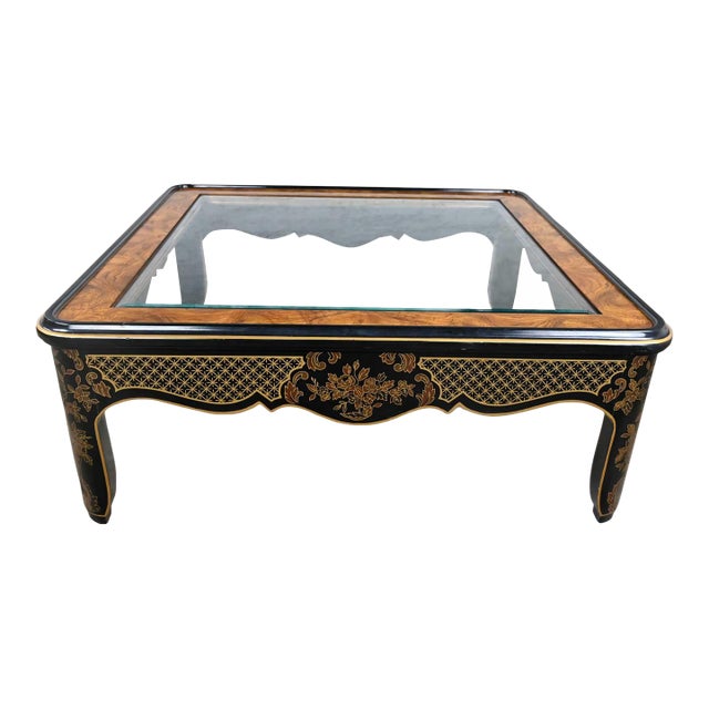 1980's Drexel Heritage Coffee Table Et Cetera Collection Chinoiserie Black & Gold Painted & Burl With Glass Insert For Sale