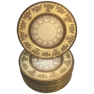 Set of 12 Service Dinner Plates with Vanilla and Gilt Borders