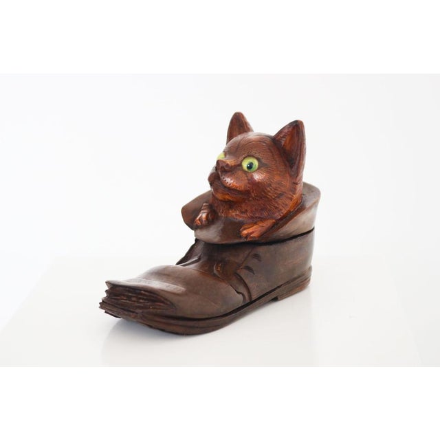 Gorgeous most rare Swiss Black Forest 19th century Inkwell / desk accessory fully hand carved displaying a cat in a boot....