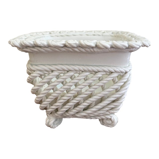 French Country White Ceramic Woven Rope Cachepot Basket For Sale