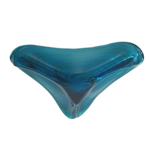 Mid-Century Modern 1950s MCM Murano Glass Bowl Centerpiece Turquoise With Gold Swirl For Sale - Image 3 of 6