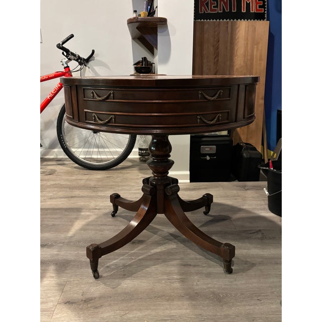 George III or Georgian Style Mahogany Drum Table With a Vintage Federal Style Flame Mahogany 4-Drawer Drum Side Table on Casters For Sale - Image 4 of 10