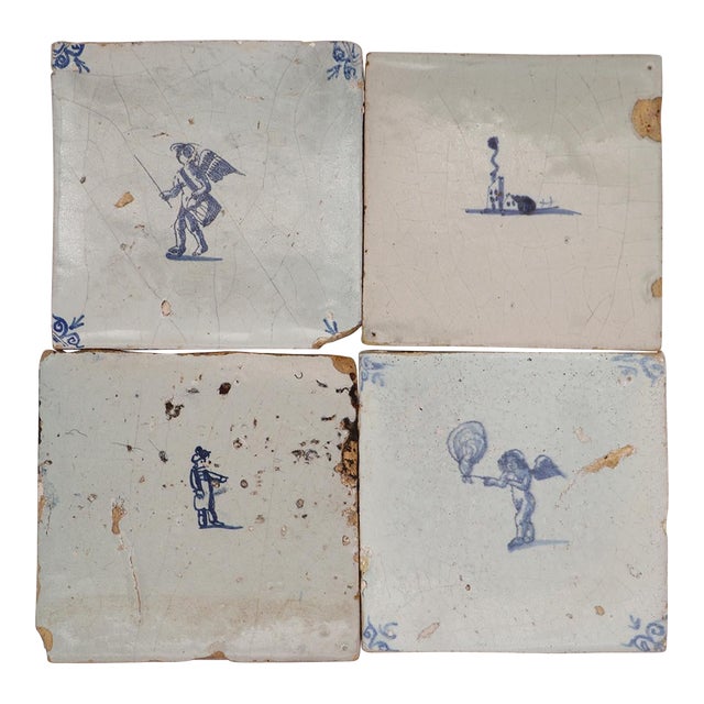 18th Century Set of Four Delft Tiles, Earthenware For Sale