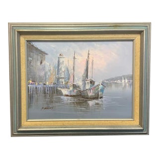 Misty Harbor With Sailboats and Lighthouse Signed Original Vintage Oil Painting by K. Basset For Sale
