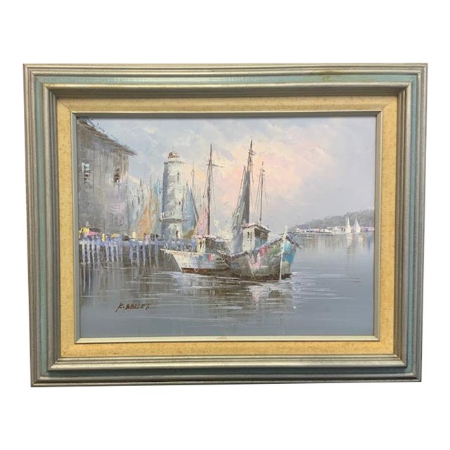 Misty Harbor With Sailboats and Lighthouse Signed Original Vintage Oil Painting by K. Basset For Sale