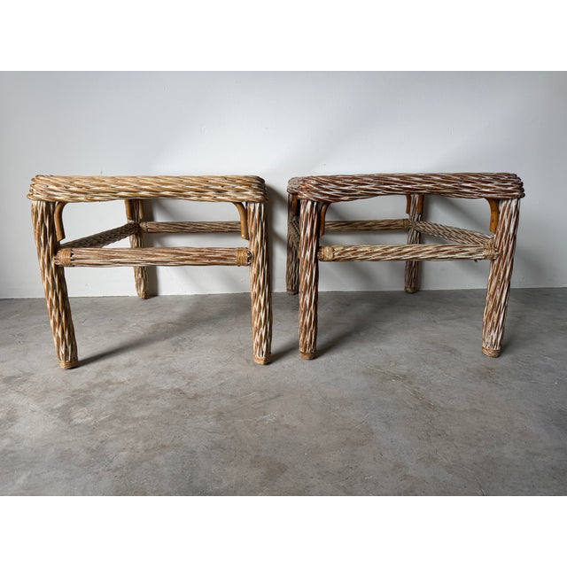 Wood 1970's Vintage Coastal Organic Whitewashed Rattan & Glass Top End Tables – A Pair For Sale - Image 7 of 15