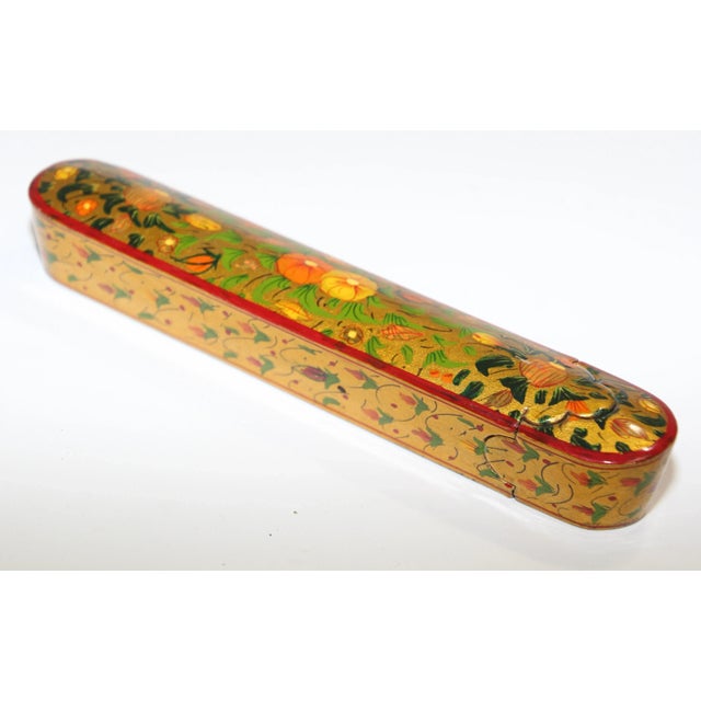 1950s Persian Lacquer Pen Box Hand Painted with Floral and Gilt Design For Sale - Image 5 of 13