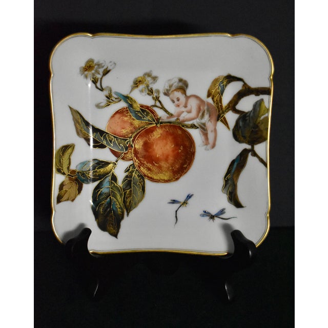 Antique Limoges France GDM Porcelain Square Dish Plate Putto Cherub Peach Fruit For Sale - Image 9 of 13