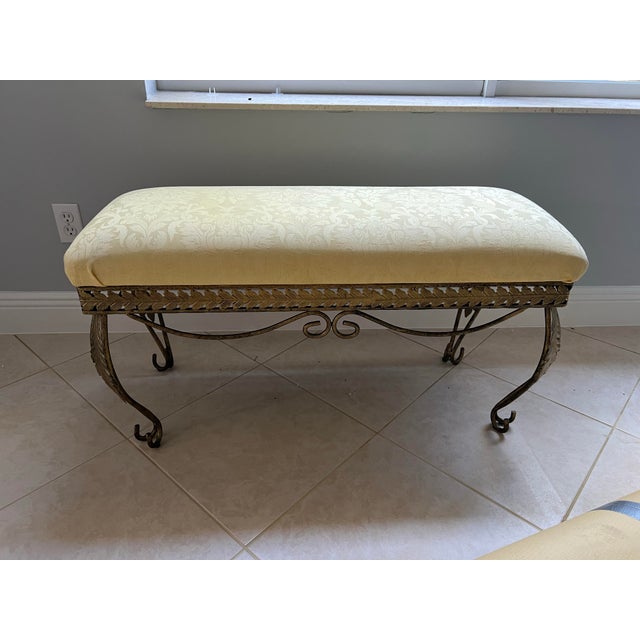 Vintage Metal Base Bench Yellow Damask Fabric Seat For Sale - Image 4 of 9