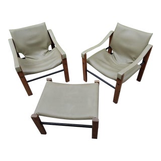 Mid Century Modern Maurice Burke for Arkana Teak Safari Chairs and Ottoman - Set of 3 For Sale