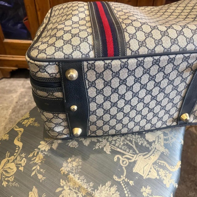 Metal Vintage 1980s Gucci Iconic Gg Monogram Suitcase With Web Stripes For Sale - Image 7 of 15