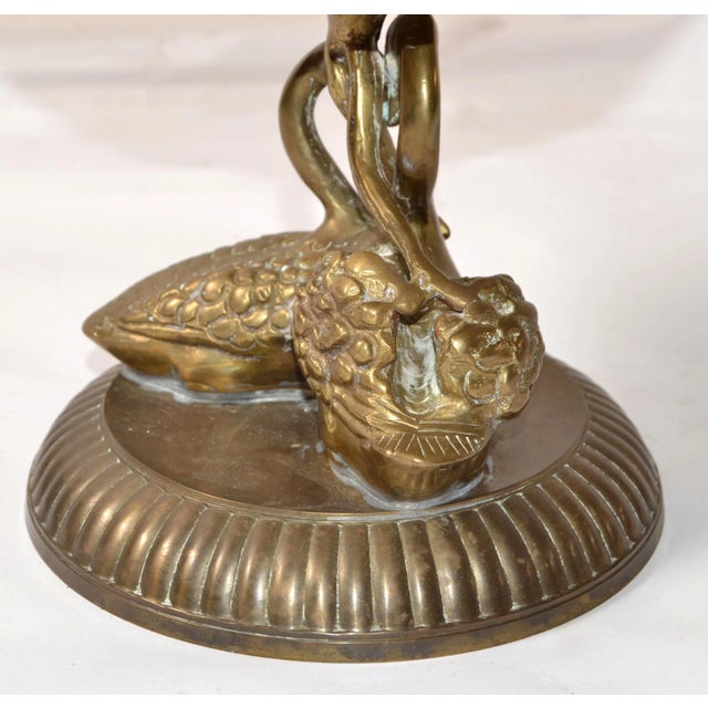 Metal 1930 Victorian Heavy Bronze 2 Swans Pedestal Bowl Antique Patina Handmade India For Sale - Image 7 of 12