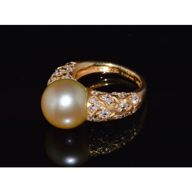 Early 21st Century Certified Natural 1.31Cts VS F Diamond 13MM South Sea Pearl 18K Solid Gold Ring, size 6.75 For Sale - Image 5 of 10