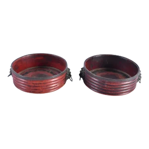 Antique Early 19th Century English Regency Red Cinnabar Lacquer Wine Bottle Decanter Coasters With Lion Mask Handles & Sheffield Rims 1810 - a Pair