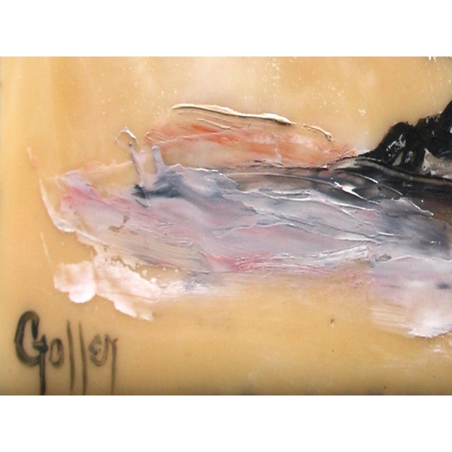 "Floriferous Bird, Study 3" is an oil and encaustic on panel painting by Carrie Goller, completed in 2026. A small grey...