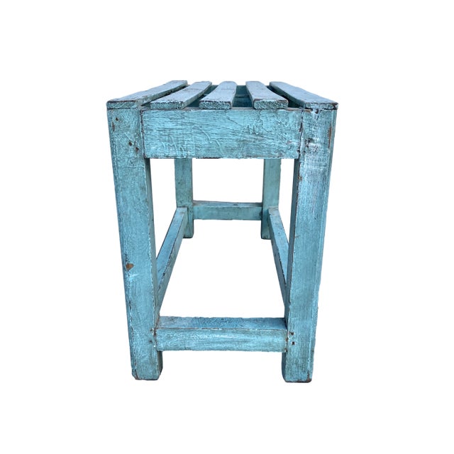 Rustic Blue Painted Bench For Sale - Image 9 of 9