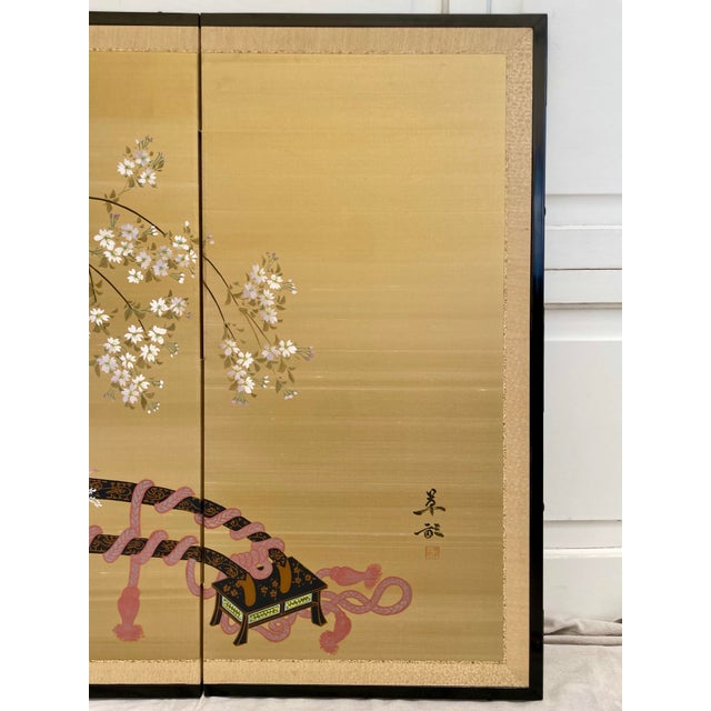 Japanese Showa Byobu Folding Screen of Hanaguruma Flower Cart on Silk For Sale - Image 9 of 12