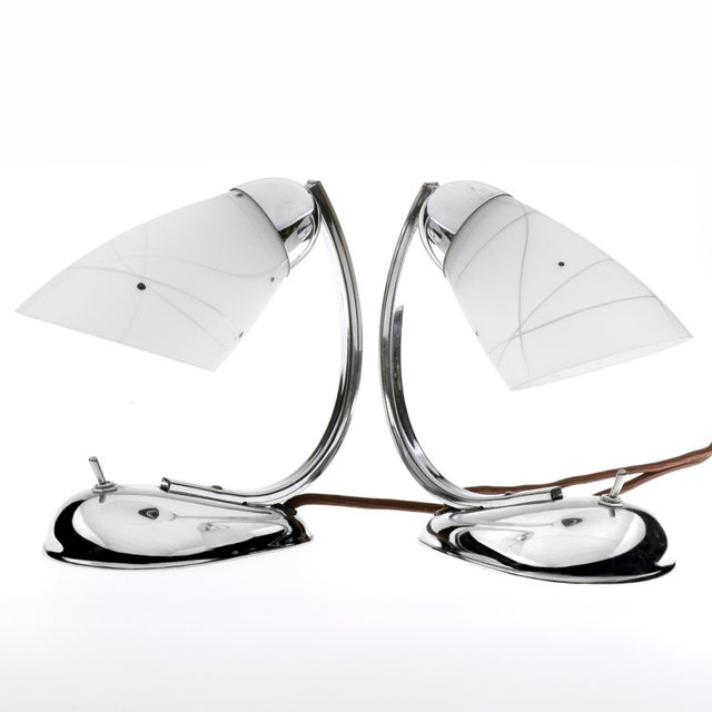White Art Deco Bedside Lamps in Chromed Glass by Josef Hurka for Napako, 1950s, Set of 2 For Sale - Image 8 of 8
