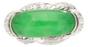 Natural 5.29 Carat Jade & Diamond in Ornate 18k White Gold Ring, Size 6