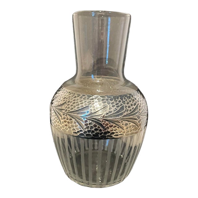 1930s Hammered Sterling and Etched Glass Vase For Sale