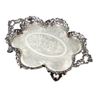 Silver Plated Salver with Guilloche-Style Cut-Out Grid For Sale