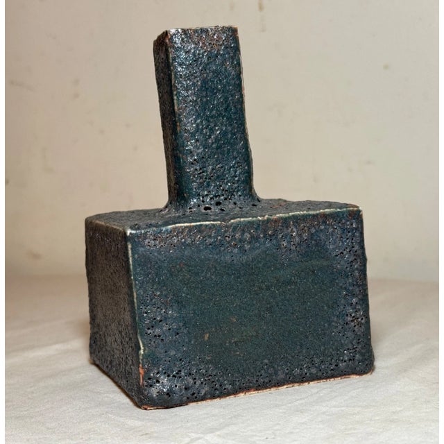 Vintage Original Signed Handmade Brutalist Squared Green Pottery Ceramic Vase For Sale - Image 10 of 11