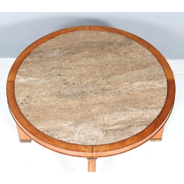 French Art Deco Walnut Coffee Table with Travertine Top, 1940s For Sale - Image 9 of 11